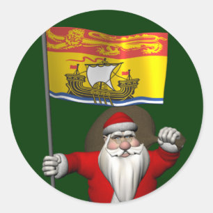 Pegatina Redonda Santa Claus Con Bandera De New Brunswick CDN