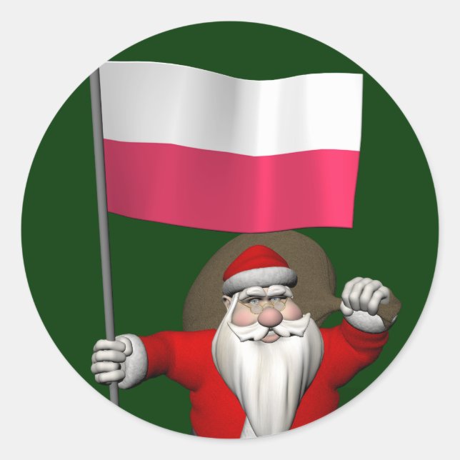 Pegatina Redonda Santa Claus Con Bandera De Polonia (Anverso)