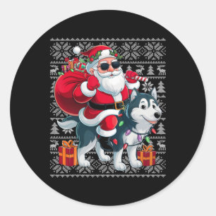 Pegatina Redonda Santa Claus con estilo de suéter feo de Navidad mo