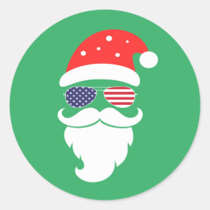 Pegatina Redonda Santa Claus con gafas de sol Patriotic USA