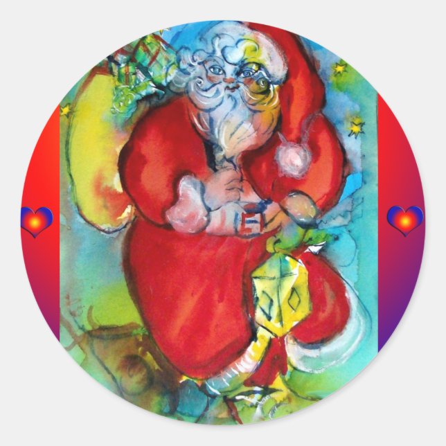 PEGATINA REDONDA SANTA CLAUS CON LANTERN EN LA NOCHE DE LOS NAVIDAD (Anverso)
