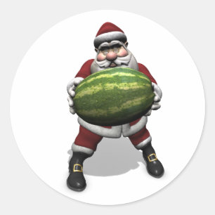 Pegatina Redonda Santa Claus con una sandía muy grande