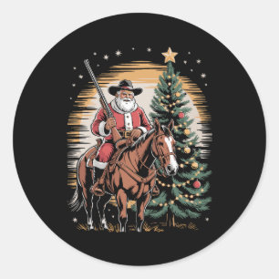 Pegatina Redonda Santa Claus Cowboy Vintage Christmas Tree Western