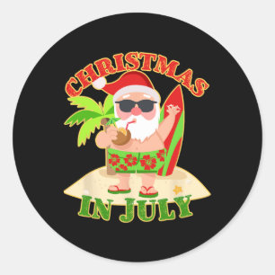 Pegatina Redonda Santa Claus de Navidad en Julio con Surfboard Vera