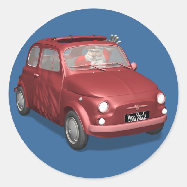 Pegatina Redonda Santa Claus En Fiat 500 (Anverso)