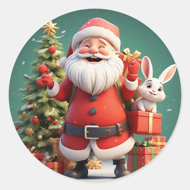 Pegatina Redonda Santa Claus está presente con los conejos (Anverso)