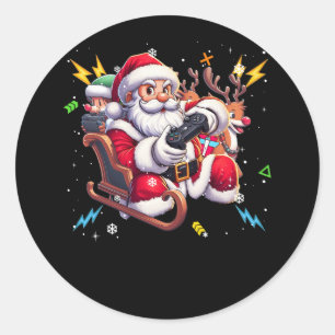 Pegatina Redonda Santa Claus Jugando Juego Navidades Gamer Video Ga