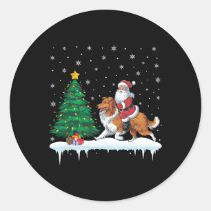Pegatina Redonda Santa Claus Montando con barba Perro Collie Chicas