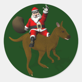 Pegatina Redonda Santa Claus montando en el canguro