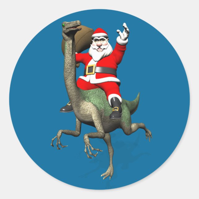 Pegatina Redonda Santa Claus Montando En Gallimimus (Anverso)