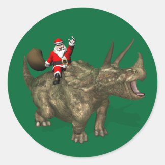 Pegatina Redonda Santa Claus Montando En Triceratops