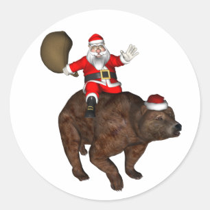 Pegatina Redonda Santa Claus montando sobre el oso