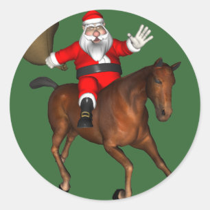 Pegatina Redonda Santa Claus montando un caballo marrón