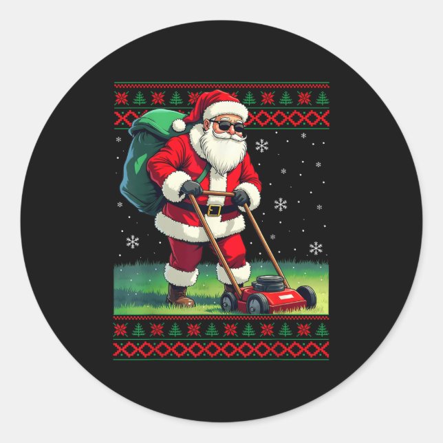 Pegatina Redonda Santa Claus Mowing Lawn Ugly Christmas Holiday Boy (Anverso)