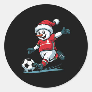 Pegatina Redonda Santa Claus Muñeco de Nieve Jugando Fútbol Diverti