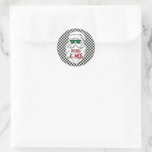 Pegatina Redonda Santa Claus Navidad Cuadrada Blanca y Negra Retro 