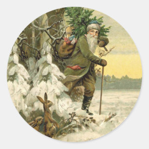Pegatina Redonda Santa Claus Navidad Victoriano Árbol de Fiesta 