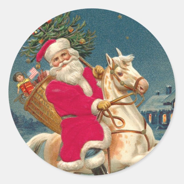 Pegatina Redonda Santa Claus on a wooden horse (Anverso)