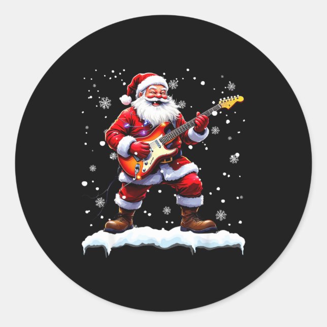 Pegatina Redonda Santa Claus Playing B Guitar Christmas Xmas Music  (Anverso)