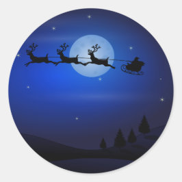 Pegatina Redonda Santa Claus Reindeers Moon Claus Santa Silhouette