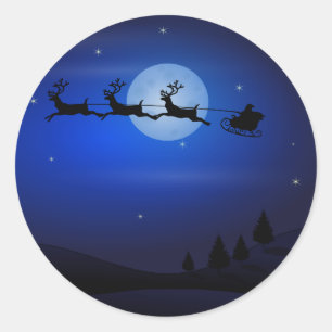 Pegatina Redonda Santa Claus Reindeers Moon Claus Santa Silhouette