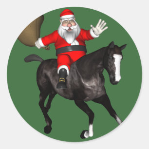 Pegatina Redonda Santa Claus Riding A Black Horse
