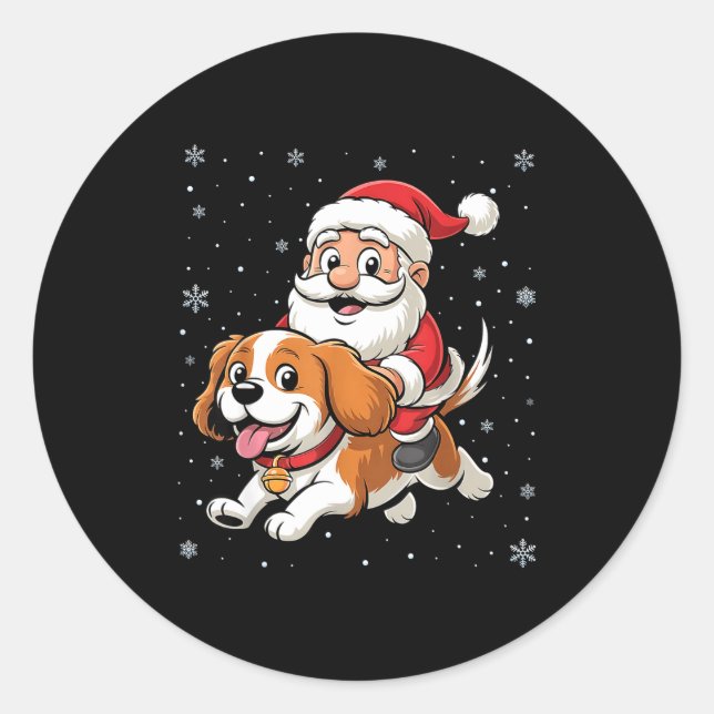 Pegatina Redonda Santa Claus Riding Cavalier King Charles Spaniel D (Anverso)