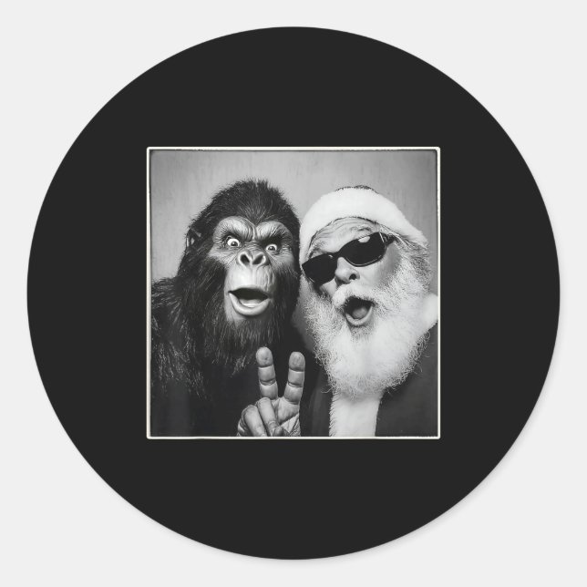 Pegatina Redonda Santa Claus Selfie Bigfoot Christmas Funny Sasquat (Anverso)