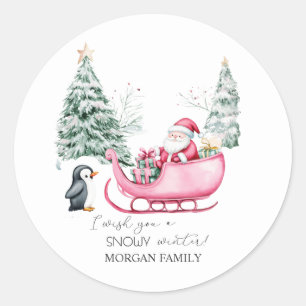 Pegatina Redonda Santa Claus, Sleigh, Penguin, Forest