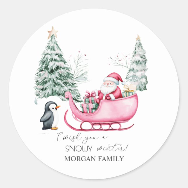 Pegatina Redonda Santa Claus, Sleigh, Penguin, Forest (Anverso)