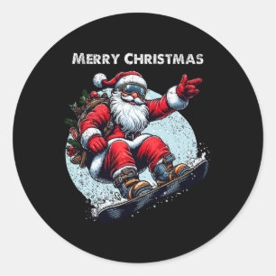 Pegatina Redonda Santa Claus Snowboard Feliz Navidad Invierno Ho