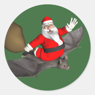Pegatina Redonda Santa Claus Sobre El Bate Volador