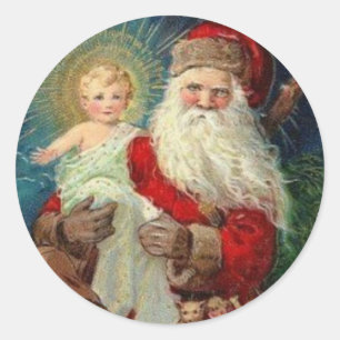 Pegatina Redonda Santa Claus sostiene al niño Jesús