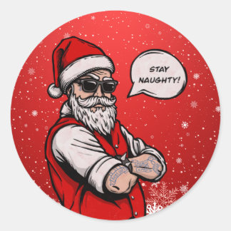 Pegatina Redonda Santa Claus Stay Naughty Funny Navidades