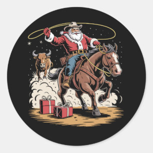 Pegatina Redonda Santa Claus Vaquero Navidad Vintage Caballo Vaca