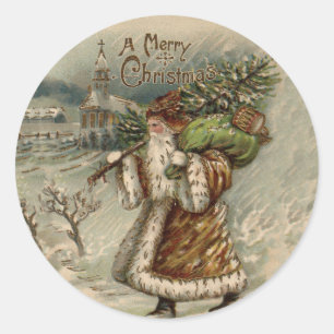 Pegatina Redonda Santa Claus Victoriano con árbol de Navidad