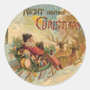 Pegatina Redonda Santa Claus vintage en su trineo de renos