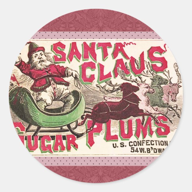 Pegatina Redonda Santa Claus Vintage Ilustracion Sleigh (Anverso)