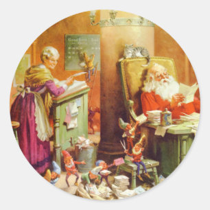 Pegatina Redonda Santa Claus y la señora Claus en el buzón del Polo