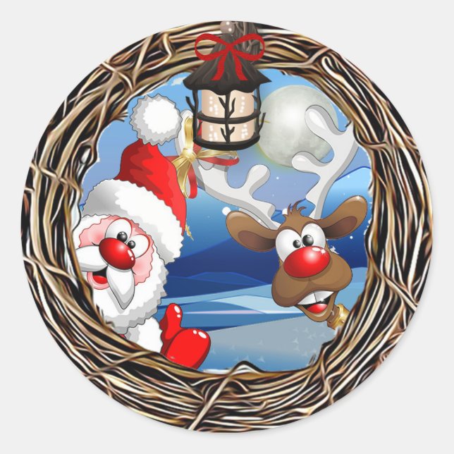 Pegatina Redonda Santa Claus y Navidades de renos (Anverso)