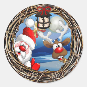 Pegatina Redonda Santa Claus y Navidades de renos