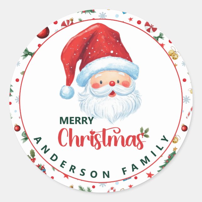 Pegatina Redonda Santa Claus y patrón festivo Feliz Navidad (Anverso)