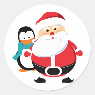 Pegatina Redonda Santa Claus Y Pingüino