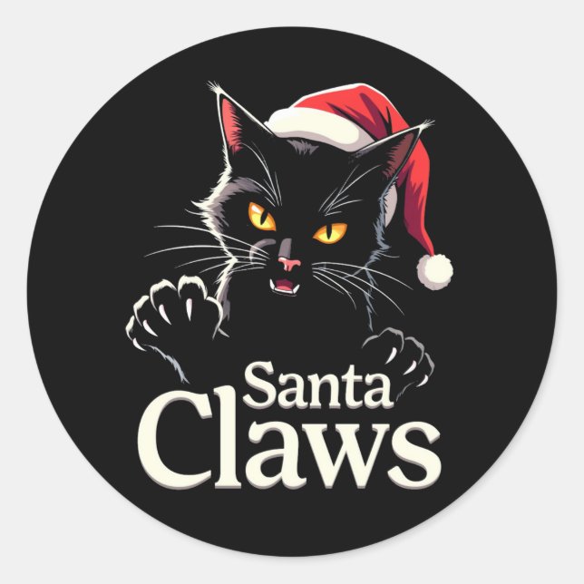Pegatina Redonda Santa Claws – Funny Black Cat Christmas Design (Anverso)