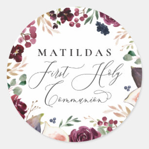 Pegatina Redonda Santa comunión floral acuarela púrpura y rosa