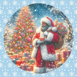 Pegatina Redonda Santa con Árbol de Navidad y Regalos Africanos