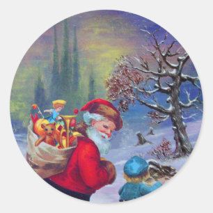 PEGATINA REDONDA SANTA CON NIÑO EN LA NIEVE DE INVIERNO