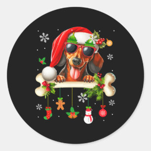 Pegatina Redonda Santa Dachshund Sungles Cute Bone Xmas Dueños Hijo