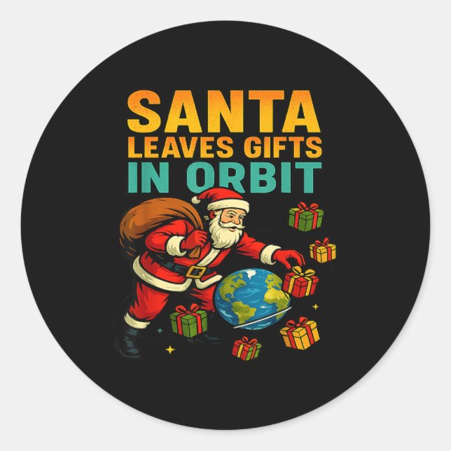 Pegatina Redonda Santa Deja En Órbita Divertida Navidad Espacio  (Anverso)