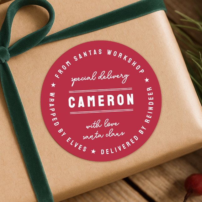 Pegatina Redonda Santa Delivery Sticker | Christmas Gift Seal Label (Santa special delivery gift sticker seal - wrapped by elves, delivered by reindeer!)